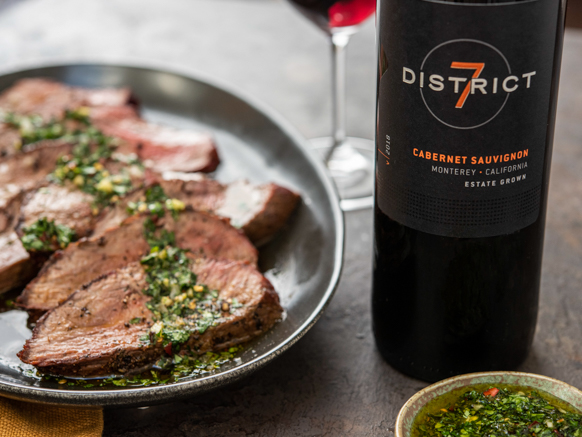 Plate of Tri Tip Chimichurri with wine